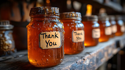 Jars of honey labeled with thank you messages on a rustic wooden shelf in a cozy setting Generative AI