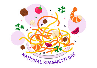 National Spaghetti Day Celebration Vector Illustration Featuring Various Noodle Dishes in a Fun And Festive Flat Style Cartoon Background