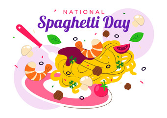 National Spaghetti Day Celebration Vector Illustration Featuring Various Noodle Dishes in a Fun And Festive Flat Style Cartoon Background