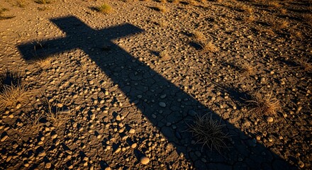 The shadow of a cross cast on a rocky, arid ground during sunset, creating a striking silhouette in a natural outdoor setting