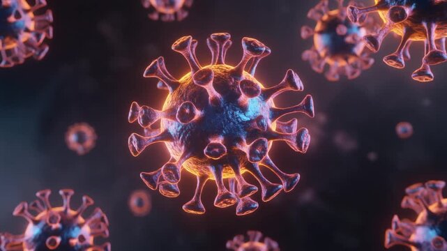 Microscopic view of coronavirus cells, a deadly global pandemic. - Powered by Adobe
