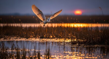 A majestic owl soaring over a wetland during sunset with vibrant orange and purple hues illuminating the sky and water surface