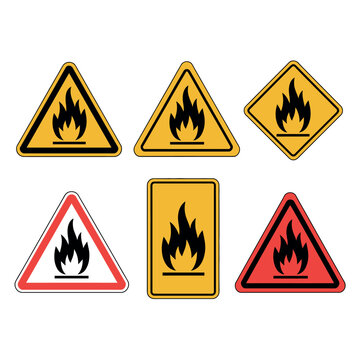 Collection of fire hazard warning signs in different shapes and colors