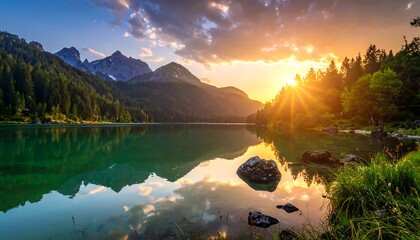 Majestic mountain lake reflecting the golden sunset in the Alps.