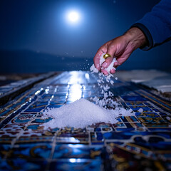 Hand Pouring Salt onto Decorated Surface under Moonlight Artistic Composition