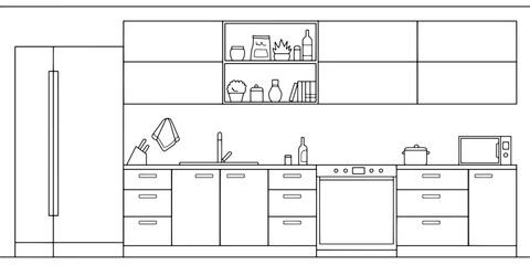 Kitchen room graphic black white home interior sketch illustration vector 