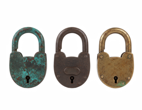 Three Vintage Padlocks Displaying Oxidation and Different Patinas on a Dark Void