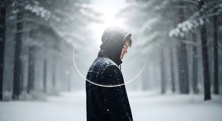 A person standing alone in a snowy forest during daytime, surrounded by tall trees with snow-covered branches and a misty atmosphere creating a peaceful winter scene