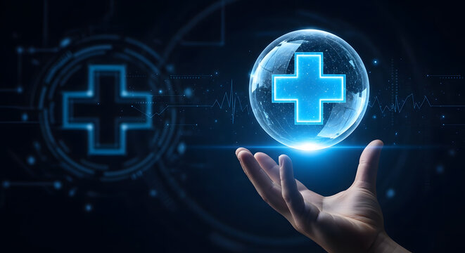 Hand holding glowing blue medical cross symbol in futuristic digital healthcare technology concept