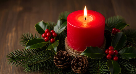 Red Christmas Candle with Pinecones and Evergreen Holiday Decor Close-Up