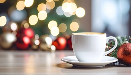White Coffee Cup with Christmas Bokeh on Table