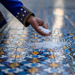 Hand sprinkling salt crystals on decorative tile flooring indoors close up