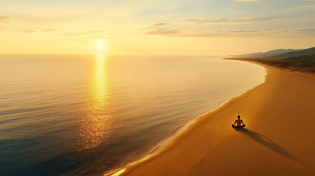 Person lotus pose shore meditating sunset peaceful beach sand ocean silhouette calm reflection - Powered by Adobe