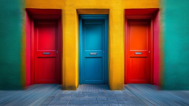 A vibrant display of colorful doors leads the way to endless possibilities. Each door beckons with a unique charm and allure. Discover the beauty in choices. Generative AI.