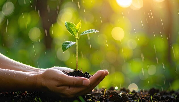 A tender shoot cradled in hands, bathed in rain, symbolizing growth and environmental care