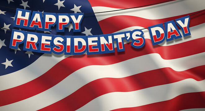 Happy presidents day celebration with american flag and patriotic text overlay