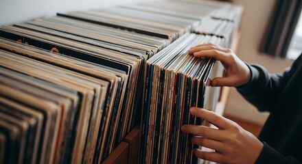 A person's hands carefully sift through a large collection of vintage vinyl records stacked tightly on a shelf, searching for a favorite album.