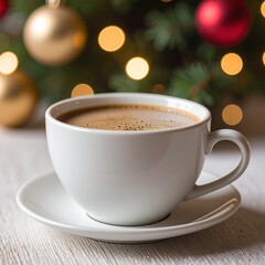 White Coffee Cup with Christmas Bokeh on Table