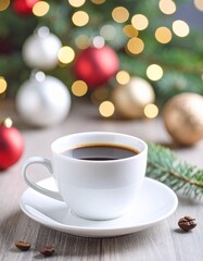 White Coffee Cup with Christmas Bokeh on Table
