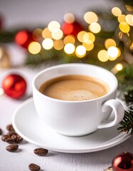 White Coffee Cup with Christmas Bokeh on Table