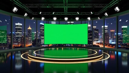 Studio with green screen and city skyline at night