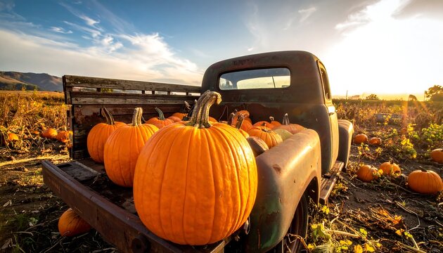 Vintage Truck Bed Overflowing with Harvested Pumpkins at Sunset. - Powered by Adobe