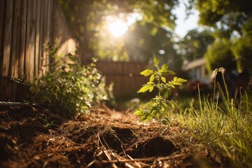 Obraz premium Sunlit sapling thriving in a tranquil garden, celebrating eco-friendly growth