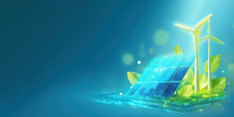 Renewable energy revolution solar panels and wind turbines in a green landscape digital art futuristic environment