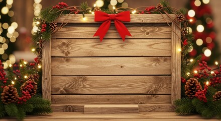 Rustic Wooden Signboard with Festive Christmas Decorations and Twinkling Lights 1.