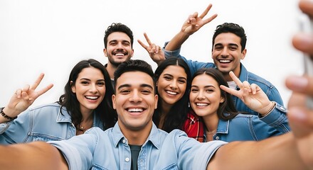 Obraz premium A group of six diverse, cheerful young friends smile and make the peace sign while taking a close-up selfie together, celebrating friendship and fun.