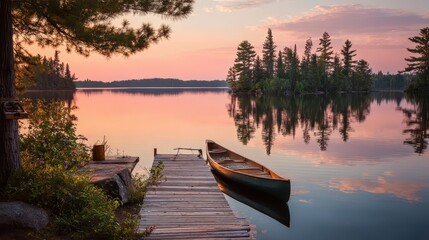 Sunset on a quiet Minnesota lake, pine shoreline and calm water
