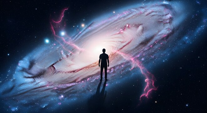 A person standing in front of a massive, glowing galaxy with vibrant colors and lightning-like energy streaks in deep space, creating a sense of wonder and exploration - Powered by Adobe