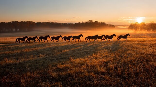 Sunrise walk of thoroughbred horses across a dew-soaked meadow