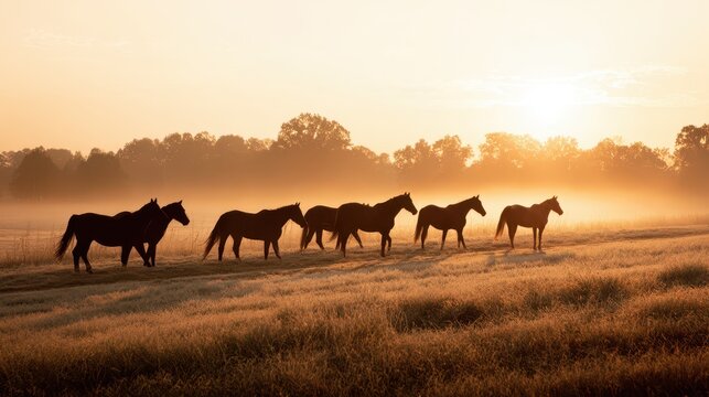 Sunrise walk of thoroughbred horses across a dew-soaked meadow