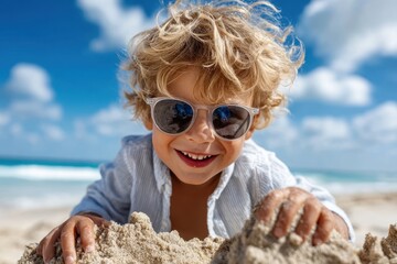 Child playing in sand at a beach with sunglasses and a bright smile on a sunny day