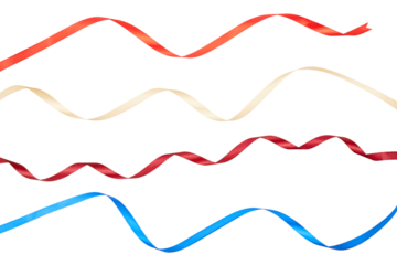 red, gold and blue gift ribbon band curly and twisted ornamental decoration isolated on white or transparent png