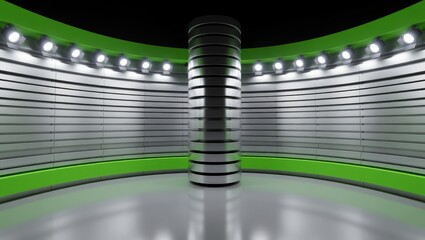 Curved studio with green walls metallic column stage lights