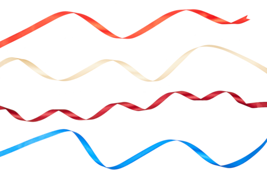 red, gold and blue gift ribbon band curly and twisted ornamental decoration isolated on white or transparent png