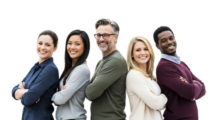 Diverse, professional team standing together with crossed arms, smiling confidently against a white background, symbolizing unity and successful collaboration.