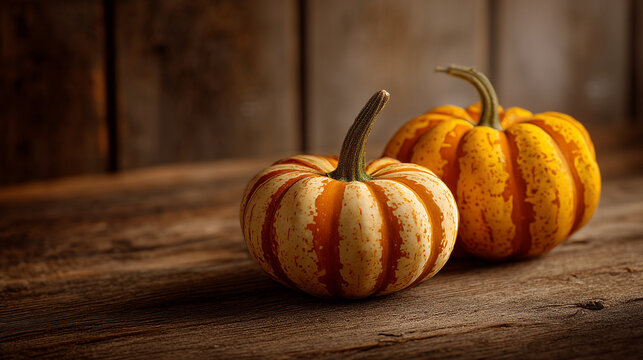 Two striped pumpkins on a rustic wooden surface creating a warm and autumnal atmosphere indoors