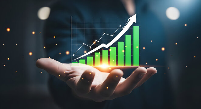 Hand holding a glowing 3d financial growth chart with rising arrow and data points