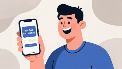 Happy Man Displaying Online Tax Paid Successfully Notification on Mobile Phone