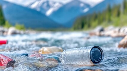 Pollution in the Crystal River: An aluminum can, a stark symbol of human impact, floats amidst the pristine waters of a crystal river, highlighting the pervasive presence of pollution in nature.