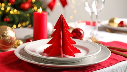 Festive Christmas Table Setting with Red Napkin Tree and Decorations.
