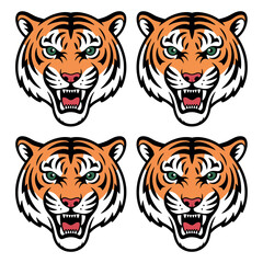 Fototapeta premium Four fierce tiger faces with intense eyes and open mouths