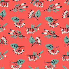 Seamless pattern with hand drawn with in Modern Folk style for winter holidays stylized bunches of currants Block Prints inspired by printmaking that uses wooden blocks to transfer repeating designs..