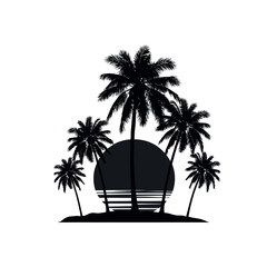 Obraz premium Silhouette of palm trees against a large setting sun on a tropical beach