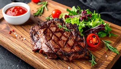 Grilled Ribeye Steak with Fresh Salad and Tomato Sauce.