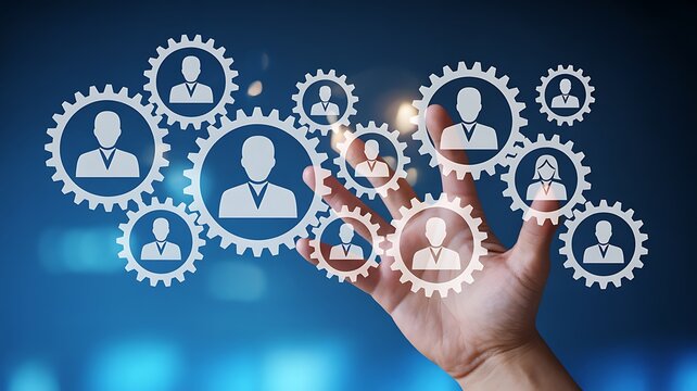Human resources network concept with interconnected people icons and a hand interaction.