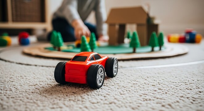 Close-up of a red toy car on a beige carpet, with a child playing creatively with a cardboard town model and toy trees in the blurred background.